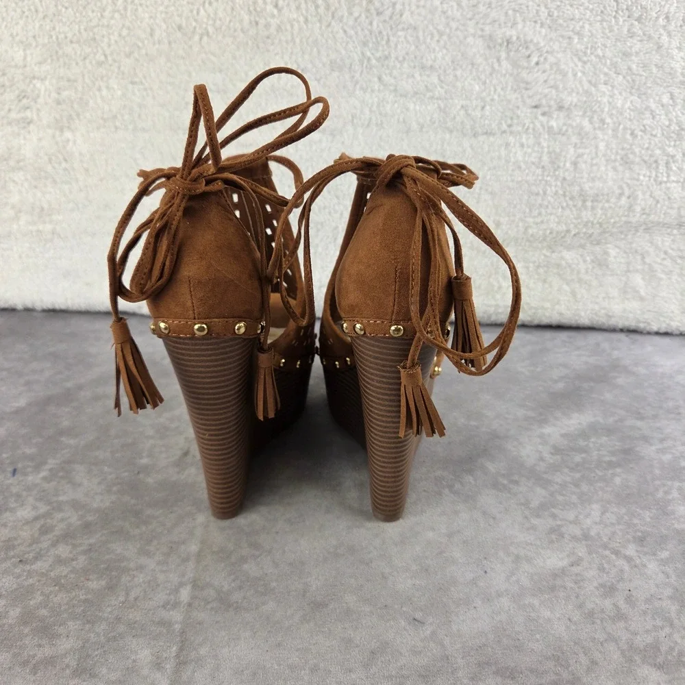 JustFab Brown Faux Suede Laser Cut Studded Tassel Lace Up Platform Wedges